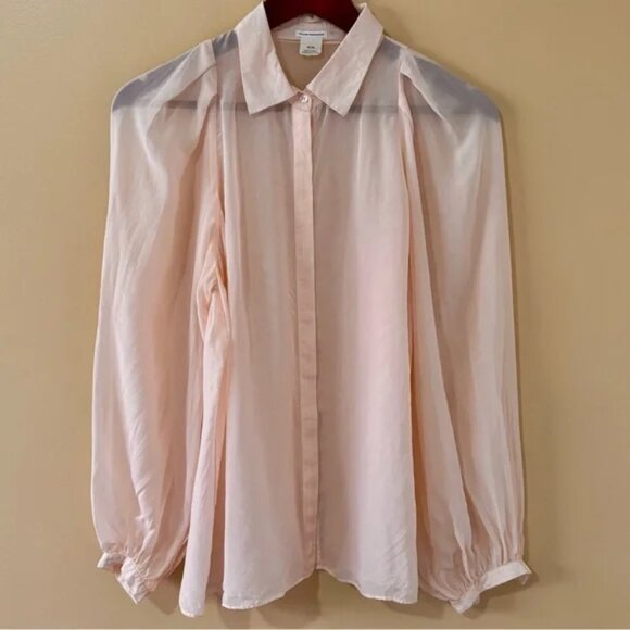 Club Monaco| Coquette Blush Pink Puffy Sleeve Button Down 100% Silk Blouse Sz M - Picture 1 of 5